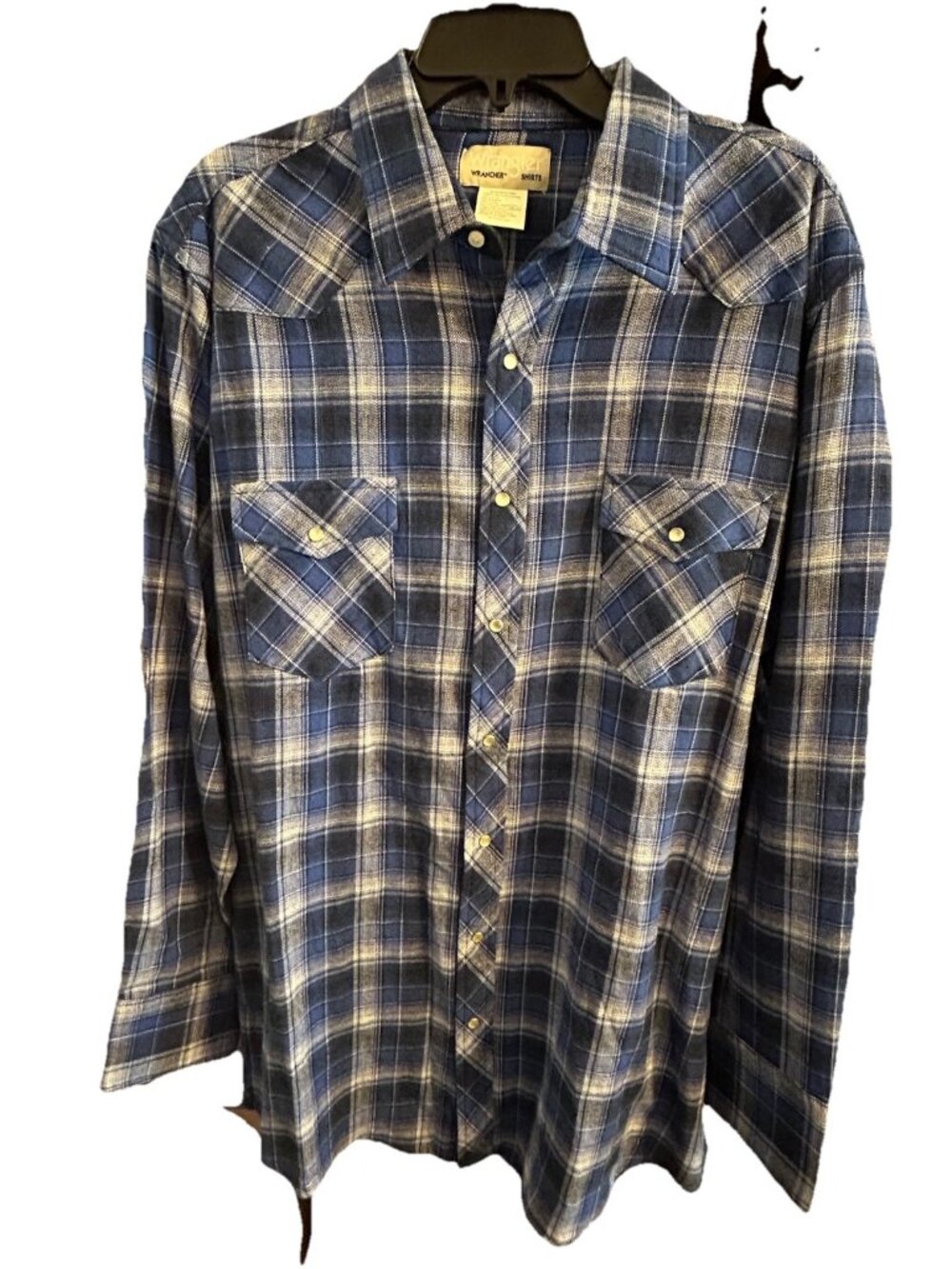 Wrangler Cotton Pearl Snap Button Flannel Shirt Blue Plaid Western Men’s XLT